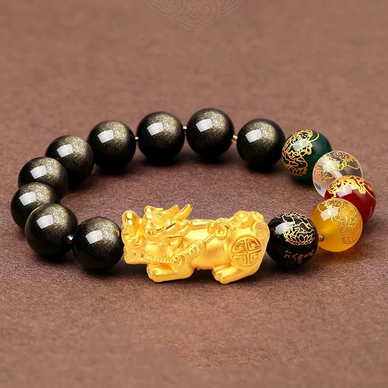 Buddha Stones Natural Gold Sheen Ossidiana PiXiu Cinque Direzioni Braccialetto di Protezione degli Dei della Ricchezza