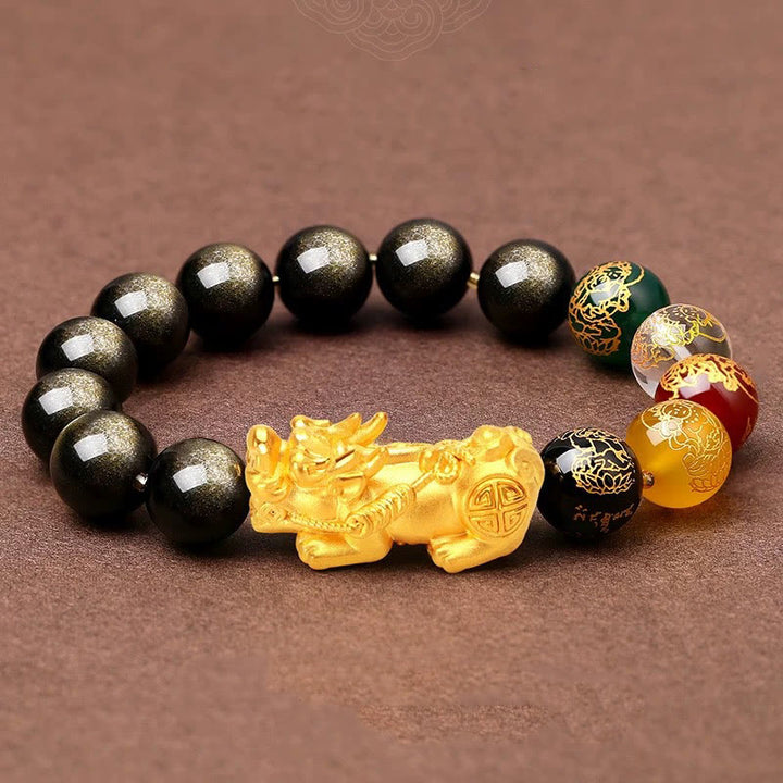 Buddha Stones Natural Gold Sheen Ossidiana PiXiu Cinque Direzioni Braccialetto di Protezione degli Dei della Ricchezza