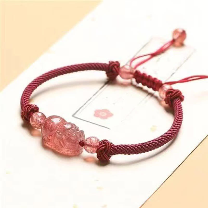 Braccialetto di protezione intrecciato in corda rossa naturale al quarzo fragola PiXiu Buddha Stones