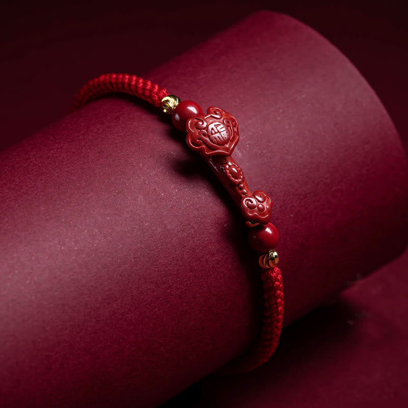 Braccialetto intrecciato in corda rossa con carattere Fu PiXiu, fatto a mano, in cinabro con manico Ruyi Buddha Stones