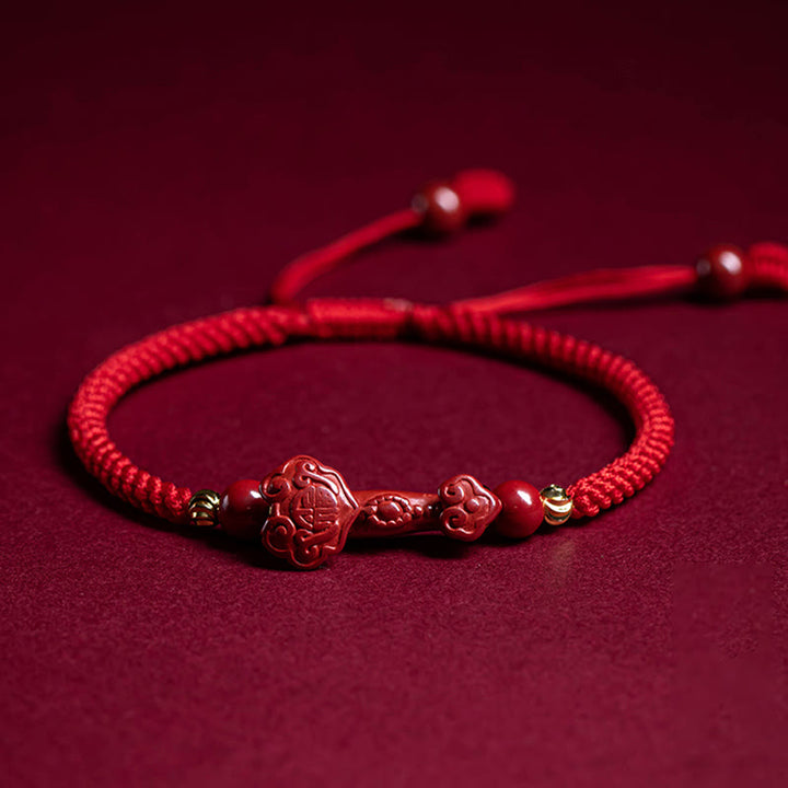 Braccialetto intrecciato in corda rossa con carattere Fu PiXiu, fatto a mano, in cinabro con manico Ruyi Buddha Stones