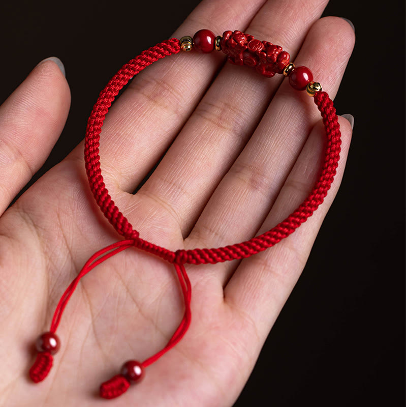 Braccialetto intrecciato in corda rossa con carattere Fu PiXiu, fatto a mano, in cinabro con manico Ruyi Buddha Stones