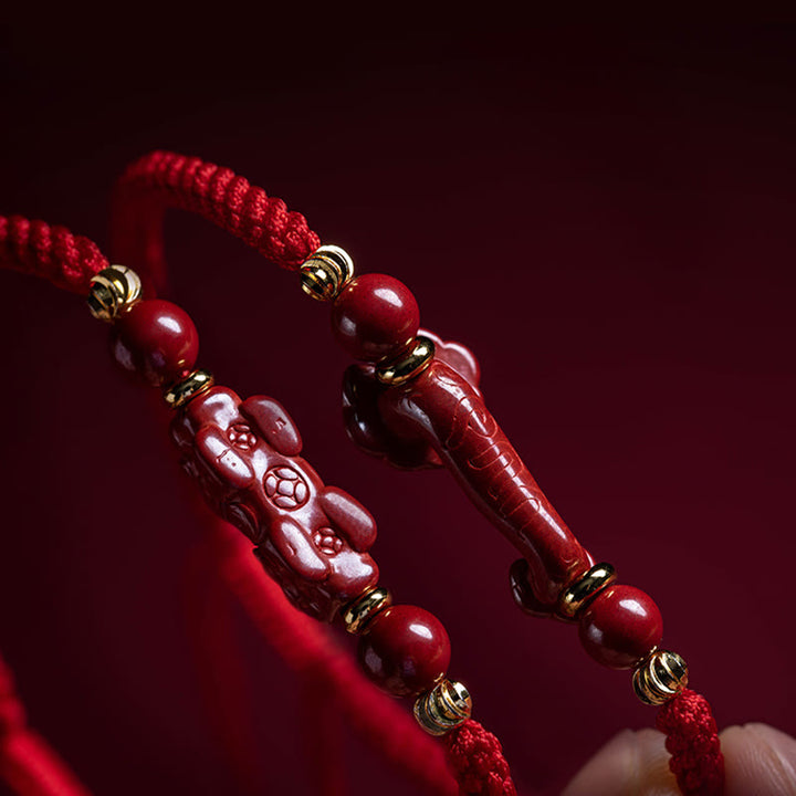 Braccialetto intrecciato in corda rossa con carattere Fu PiXiu, fatto a mano, in cinabro con manico Ruyi Buddha Stones