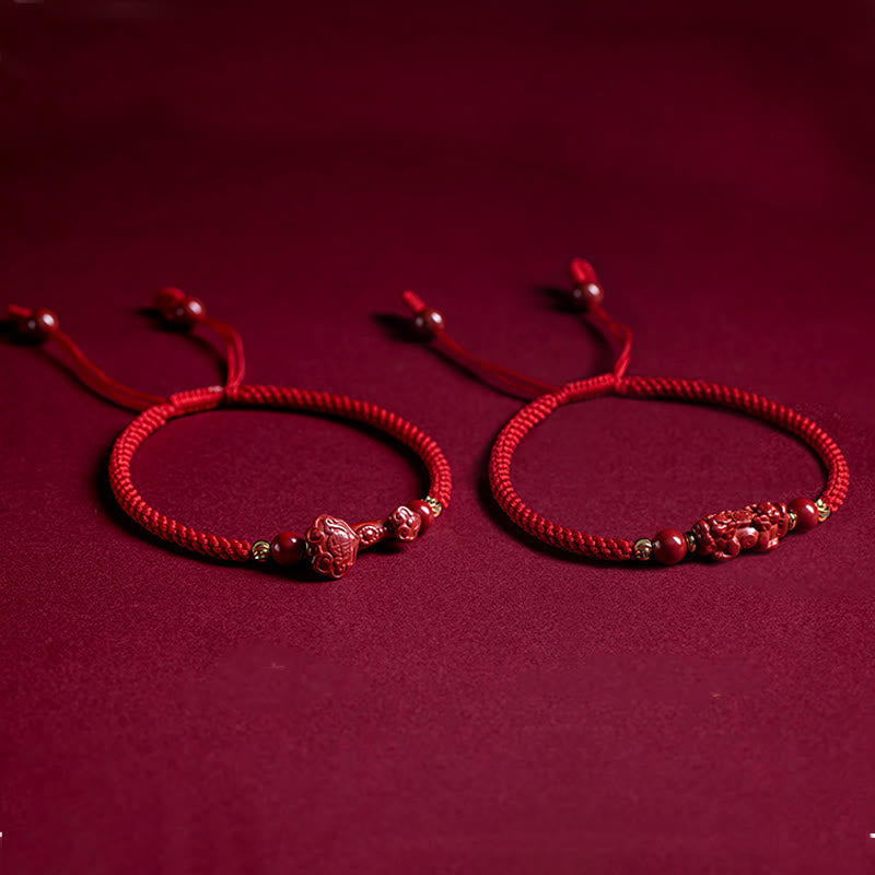 Braccialetto intrecciato in corda rossa con carattere Fu PiXiu, fatto a mano, in cinabro con manico Ruyi Buddha Stones