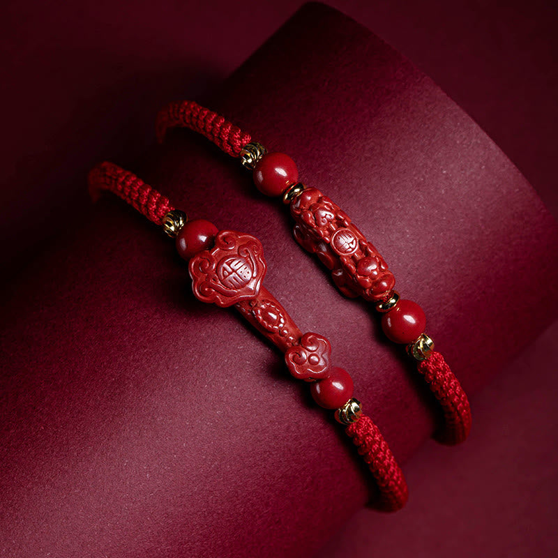 Braccialetto intrecciato in corda rossa con carattere Fu PiXiu, fatto a mano, in cinabro con manico Ruyi Buddha Stones