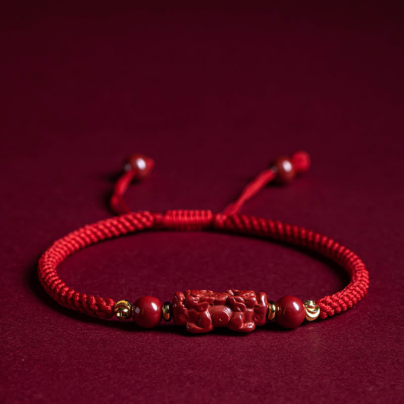 Braccialetto intrecciato in corda rossa con carattere Fu PiXiu, fatto a mano, in cinabro con manico Ruyi Buddha Stones