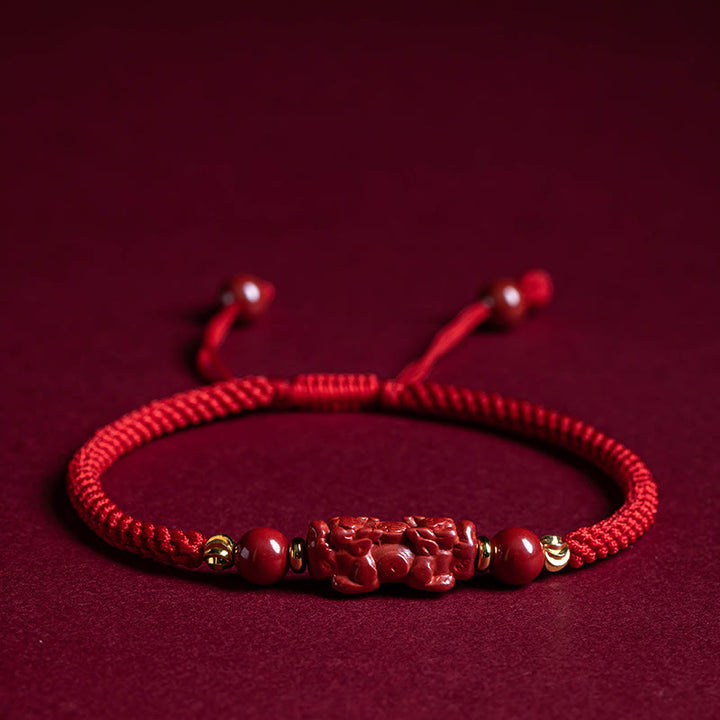 Braccialetto intrecciato in corda rossa con carattere Fu PiXiu, fatto a mano, in cinabro con manico Ruyi Buddha Stones