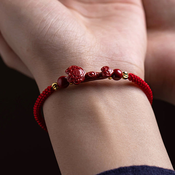 Braccialetto intrecciato in corda rossa con carattere Fu PiXiu, fatto a mano, in cinabro con manico Ruyi Buddha Stones