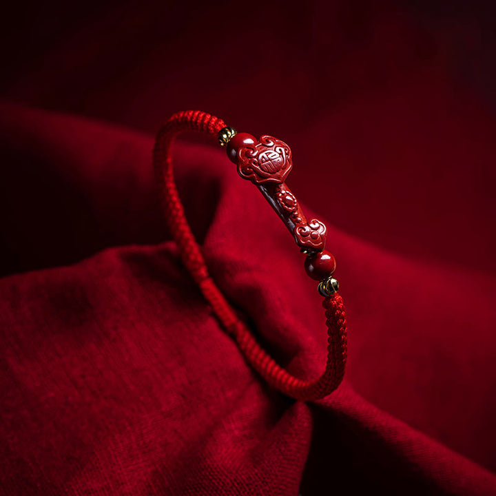 Braccialetto intrecciato in corda rossa con carattere Fu PiXiu, fatto a mano, in cinabro con manico Ruyi Buddha Stones