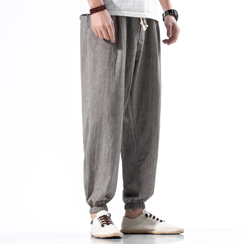 Pantaloni da uomo in lino con coulisse, casual, tinta unita, con tasche , Buddha Stones - image 32