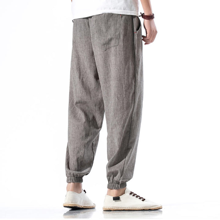 Pantaloni da uomo in lino con coulisse, casual, tinta unita, con tasche , Buddha Stones - image 33