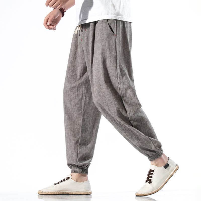 Pantaloni da uomo in lino con coulisse, casual, tinta unita, con tasche , Buddha Stones - image 31