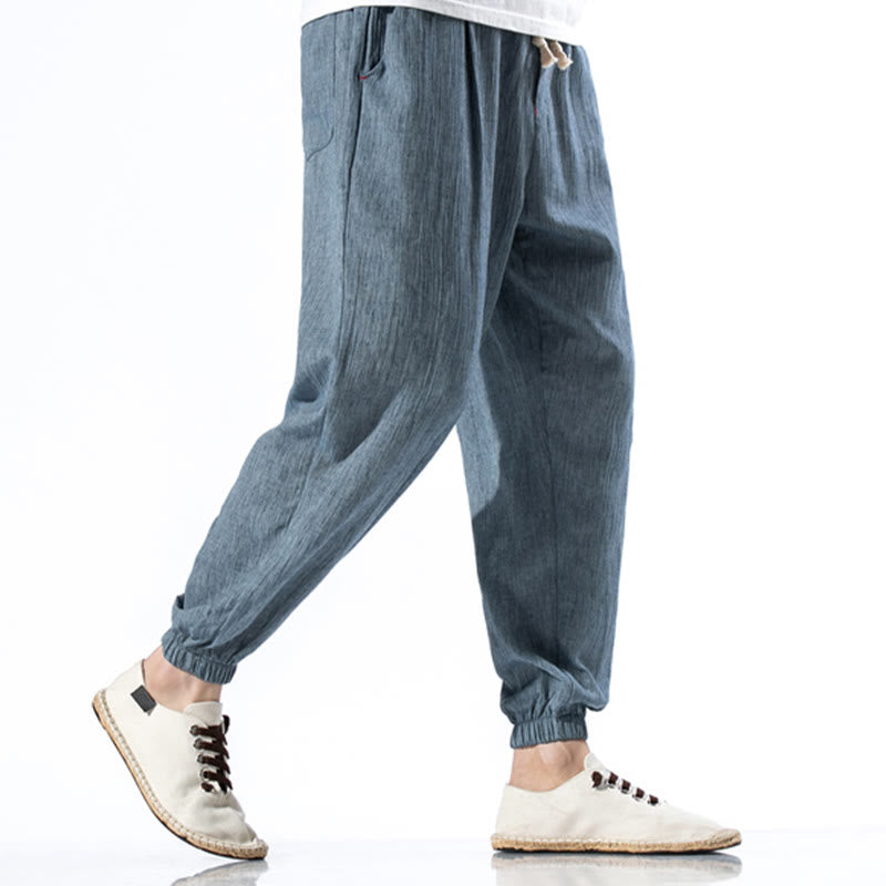 Pantaloni da uomo in lino con coulisse, casual, tinta unita, con tasche , Buddha Stones - image 3