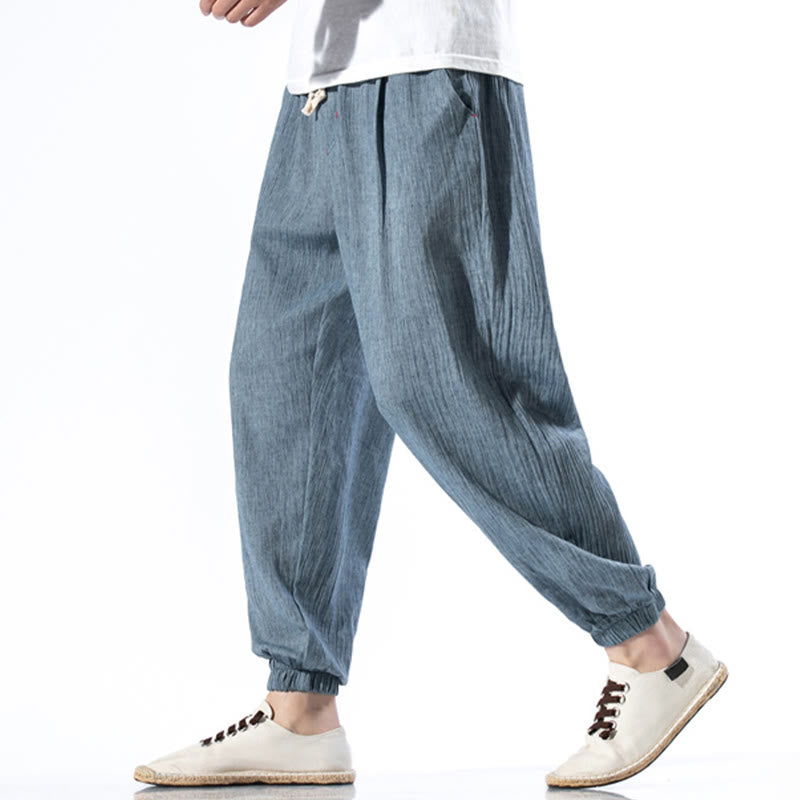Pantaloni da uomo in lino con coulisse, casual, tinta unita, con tasche , Buddha Stones - image 1