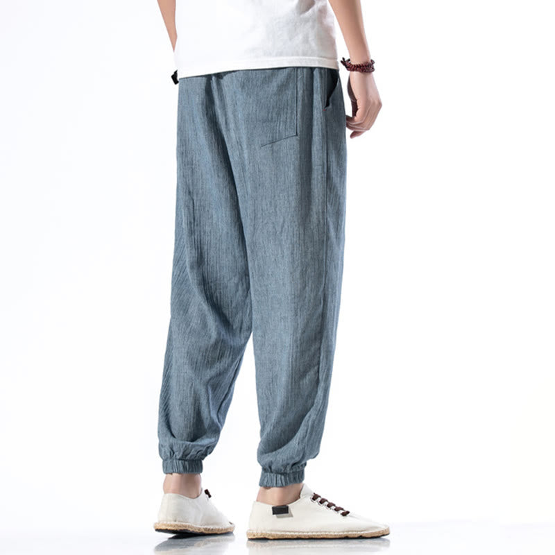 Pantaloni da uomo in lino con coulisse, casual, tinta unita, con tasche , Buddha Stones - image 4