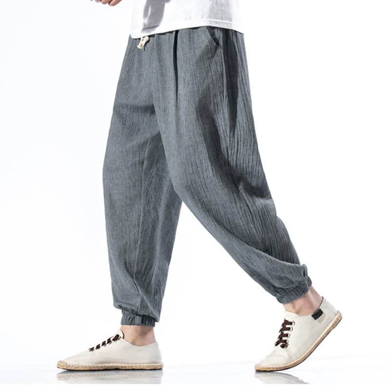 Pantaloni da uomo in lino con coulisse, casual, tinta unita, con tasche , Buddha Stones - image 24