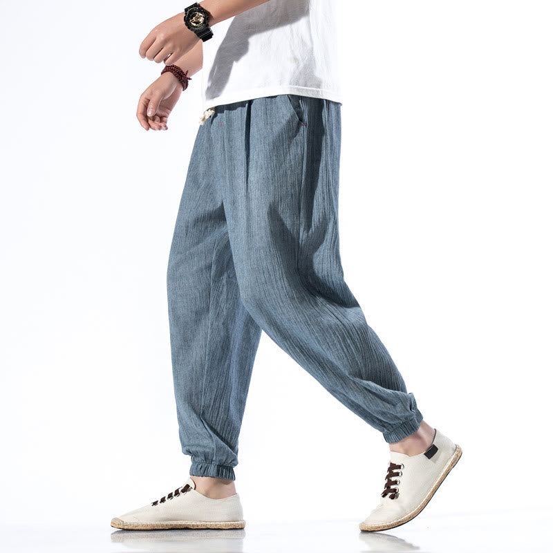Pantaloni da uomo in lino con coulisse, casual, tinta unita, con tasche , Buddha Stones - SteelBlue - US/UK/AU46, EU56 (5XL) - image 0
