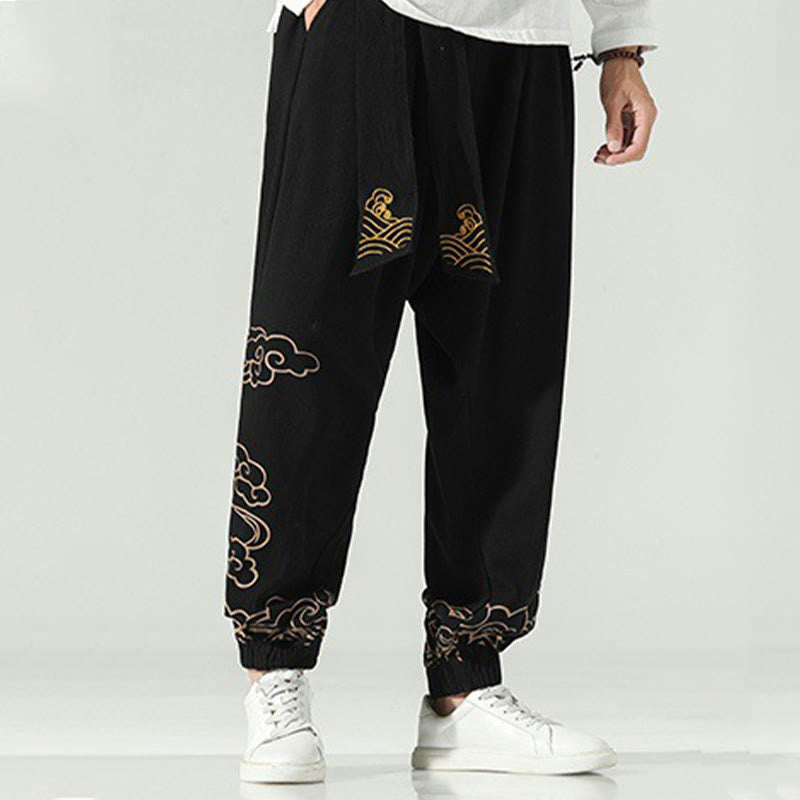 Pantaloni harem da uomo in cotone e lino con coulisse, con tasche , Buddha Stones, nuvole di buon auspicio - image 5