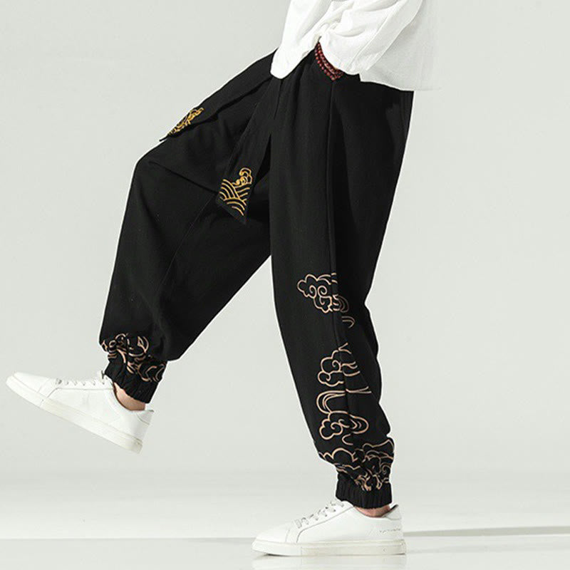 Pantaloni harem da uomo in cotone e lino con coulisse, con tasche , Buddha Stones, nuvole di buon auspicio - image 7