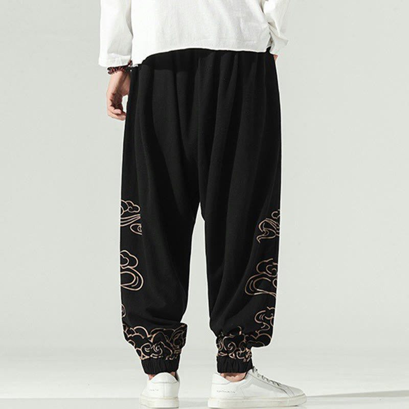 Pantaloni harem da uomo in cotone e lino con coulisse, con tasche , Buddha Stones, nuvole di buon auspicio - image 4