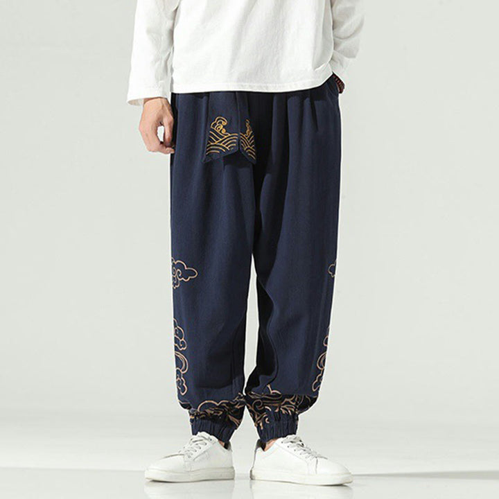 Pantaloni harem da uomo in cotone e lino con coulisse, con tasche , Buddha Stones, nuvole di buon auspicio - Blu mezzanotte - US/UK/AU46, EU56 (5XL) - image 11
