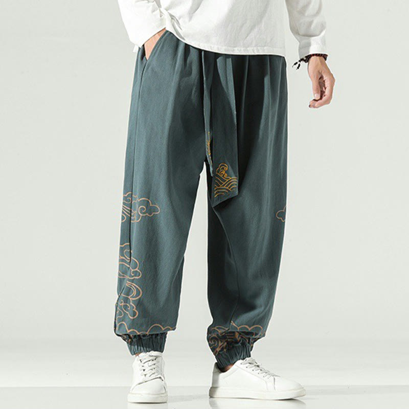 Pantaloni harem da uomo in cotone e lino con coulisse, con tasche , Buddha Stones, nuvole di buon auspicio - Ciano scuro - US/UK/AU46, EU56 (5XL) - image 22