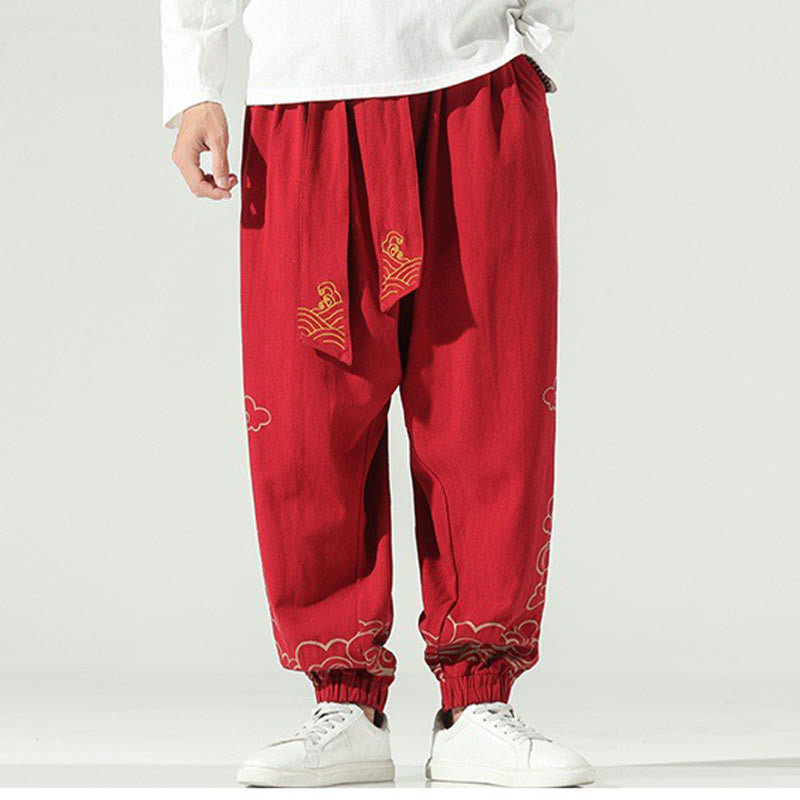 Pantaloni harem da uomo in cotone e lino con coulisse, con tasche , Buddha Stones, nuvole di buon auspicio - image 16