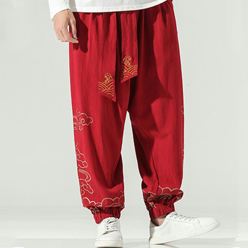 Pantaloni harem da uomo in cotone e lino con coulisse, con tasche , Buddha Stones, nuvole di buon auspicio - image 17