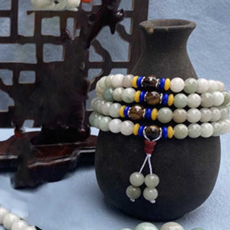 Bracciale con 108 perle Mala Buddha Stones , giada Shetai naturale, fortuna e prosperità