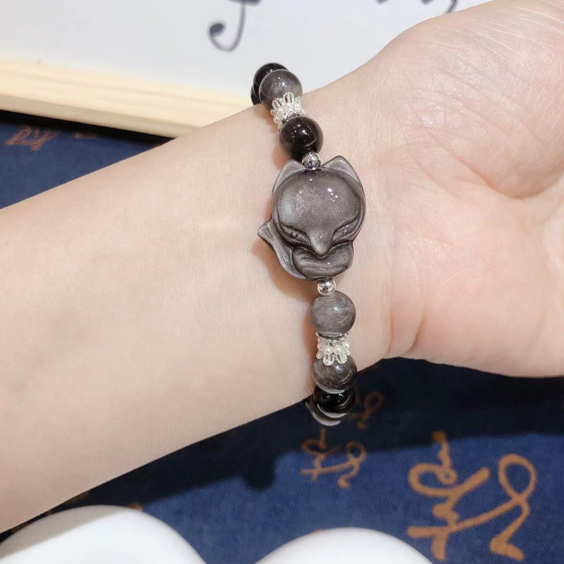 Bracciale di comunicazione Buddha Stones in argento naturale con ossidiana lucida e volpe a nove code