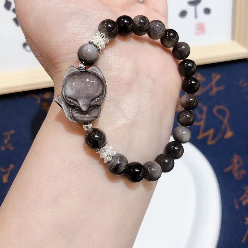 Bracciale di comunicazione Buddha Stones in argento naturale con ossidiana lucida e volpe a nove code