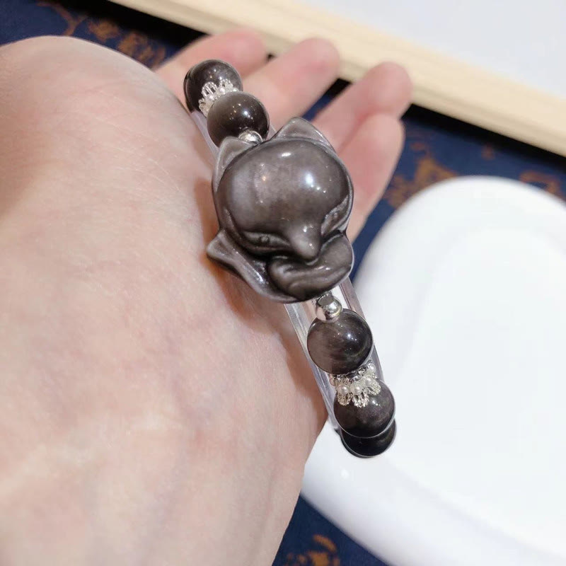 Bracciale di comunicazione Buddha Stones in argento naturale con ossidiana lucida e volpe a nove code