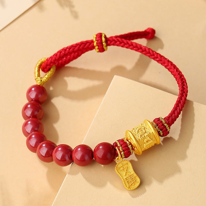 Braccialetto di corda di benedizione in argento sterling 999 con sei vere parole Om Mani Padme Hum e cinabro Buddha Stones - image 1