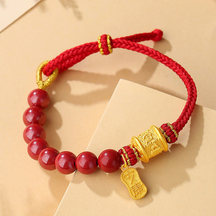 Braccialetto di corda di benedizione in argento sterling 999 con sei vere parole Om Mani Padme Hum e cinabro Buddha Stones - image 1
