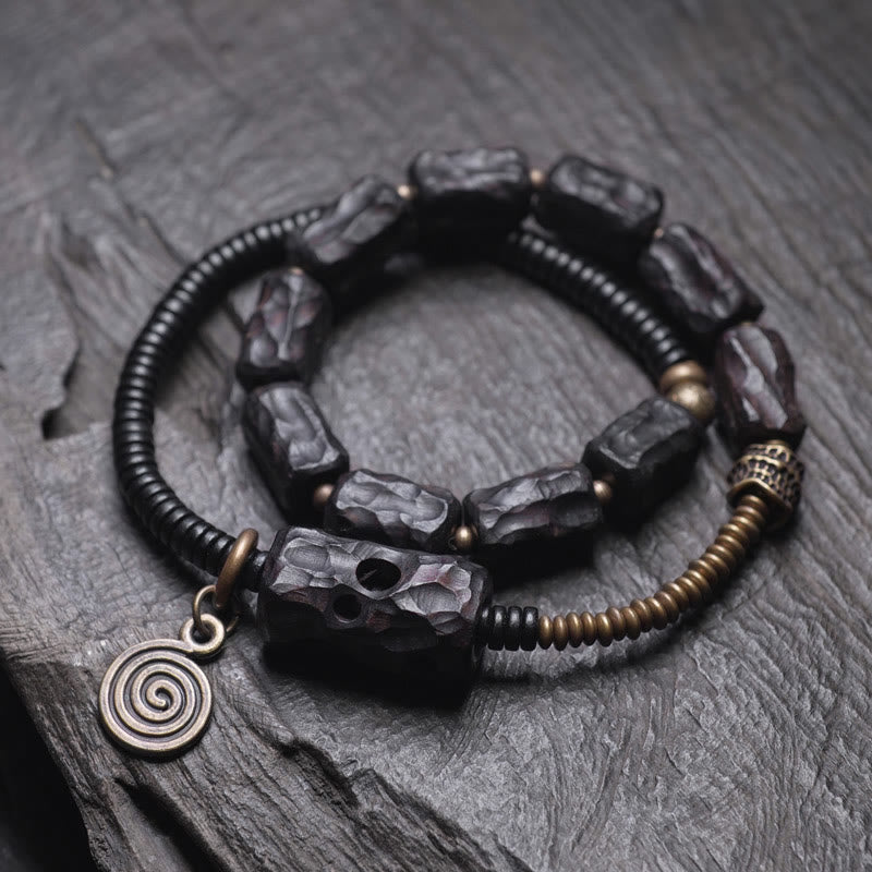 Braccialetto doppio giro Buddha Stones Ebano Legno Rame Ottone Agata Rossa Pace