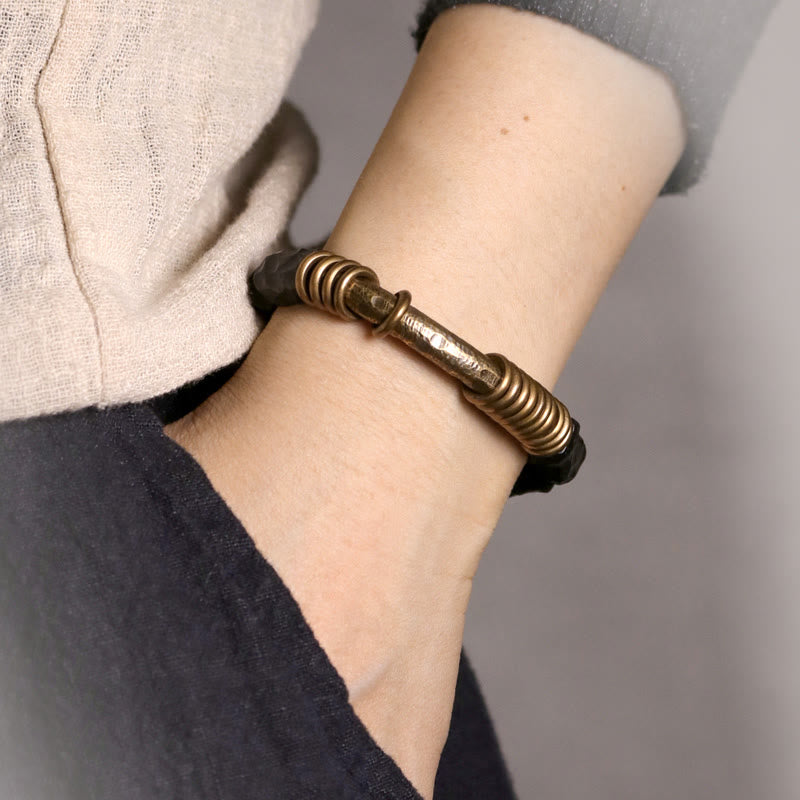 Buddha Stones Legno di ebano Rame Ottone Anello circolare Bracciale della pace