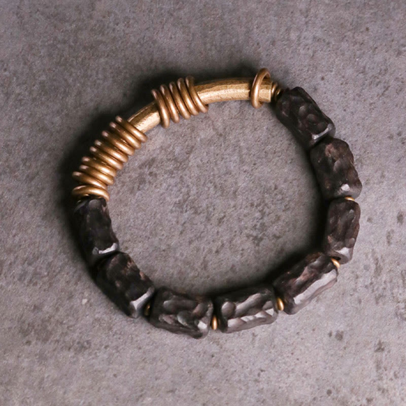 Buddha Stones Legno di ebano Rame Ottone Anello circolare Bracciale della pace