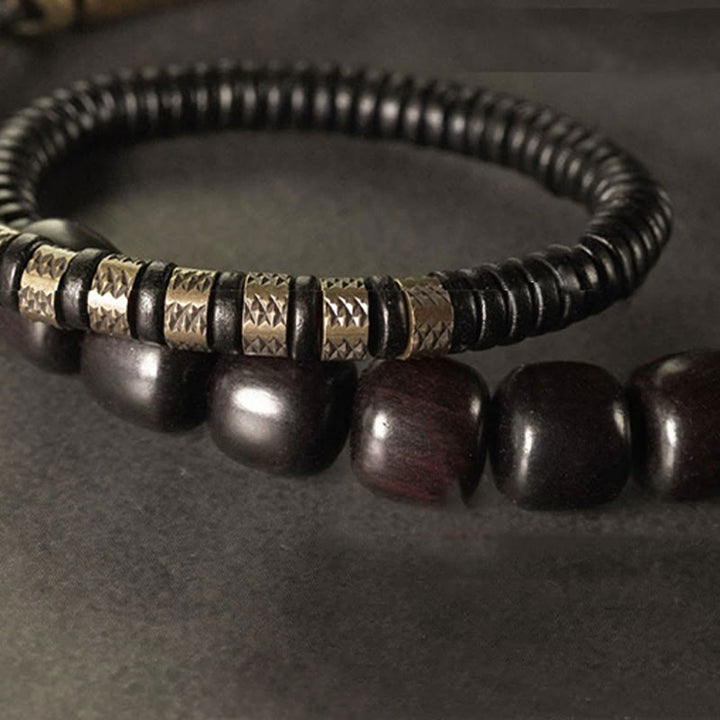 Braccialetto di equilibrio a doppio giro con perline vintage in legno di ebano, ottone e rame Buddha Stones