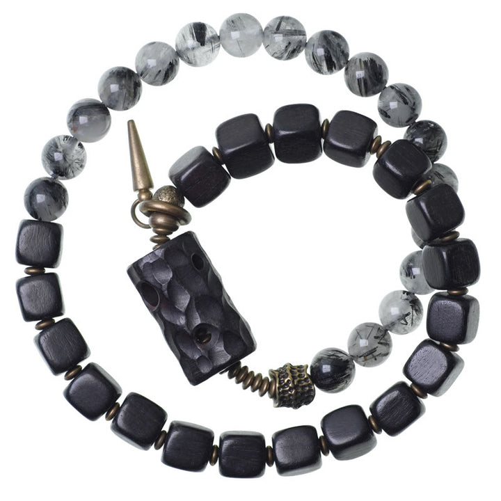 Braccialetto con bilanciere a doppio giro in ottone e rame, in legno di ebano e quarzo rutilato nero Buddha Stones