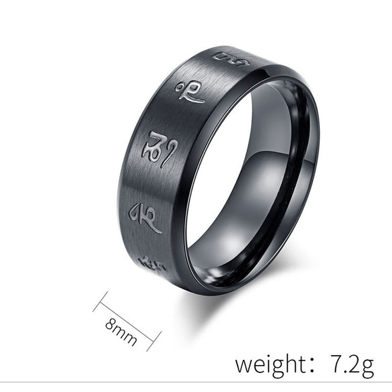 Anello di equilibrio in acciaio al titanio con mantra Jambhala nero Buddha Stones