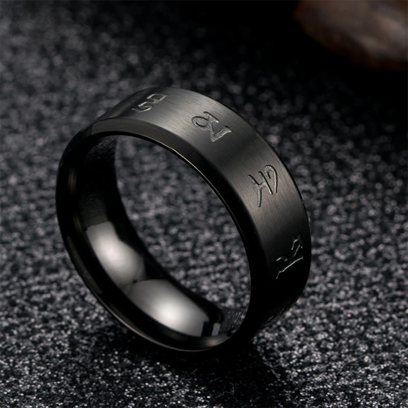 Anello di equilibrio in acciaio al titanio con mantra Jambhala nero Buddha Stones