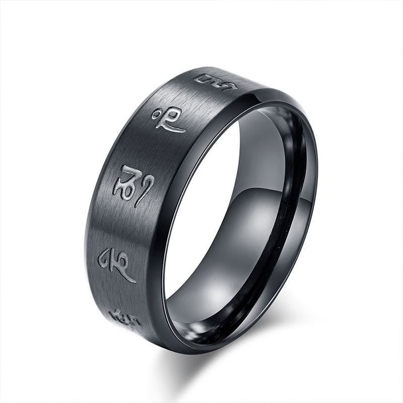 Anello di equilibrio in acciaio al titanio con mantra Jambhala nero Buddha Stones
