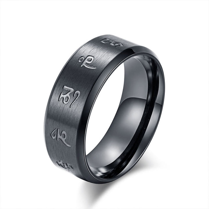 Anello di equilibrio in acciaio al titanio con mantra Jambhala nero Buddha Stones