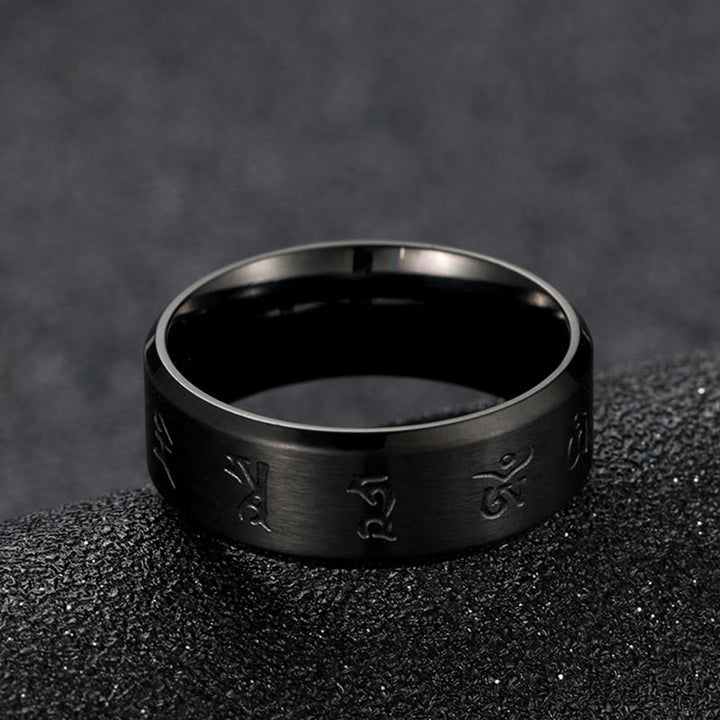 Anello di equilibrio in acciaio al titanio con mantra Jambhala nero Buddha Stones