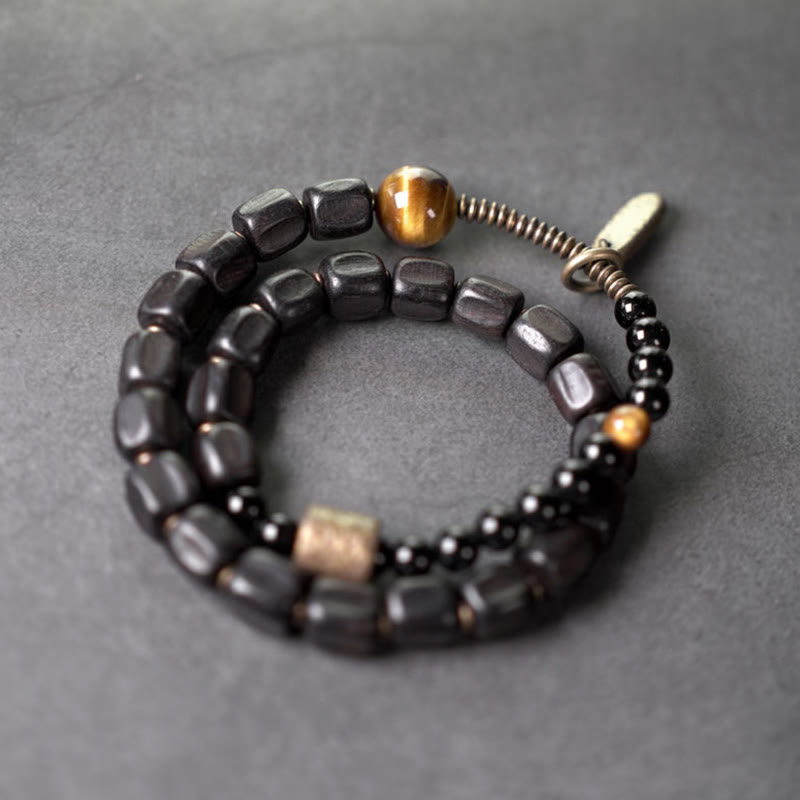 Braccialetto doppio giro Buddha Stones Ebano Legno Rame Ottone Occhio di Tigre Pace