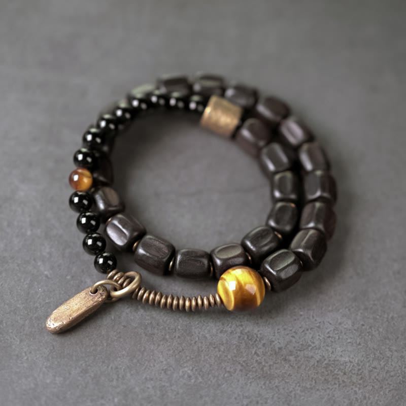 Braccialetto doppio giro Buddha Stones Ebano Legno Rame Ottone Occhio di Tigre Pace