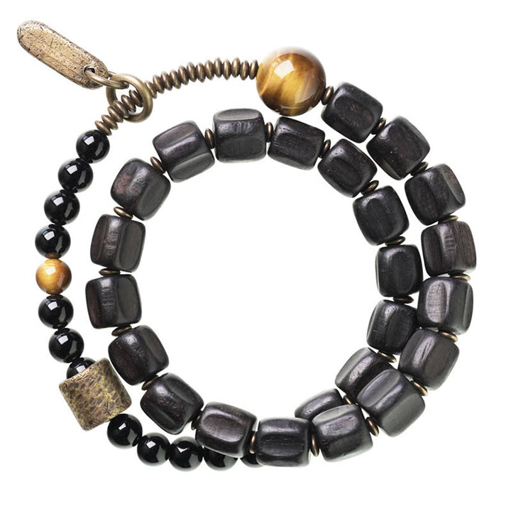 Braccialetto doppio giro Buddha Stones Ebano Legno Rame Ottone Occhio di Tigre Pace