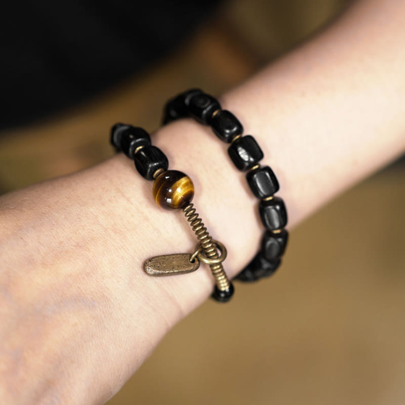 Braccialetto doppio giro Buddha Stones Ebano Legno Rame Ottone Occhio di Tigre Pace