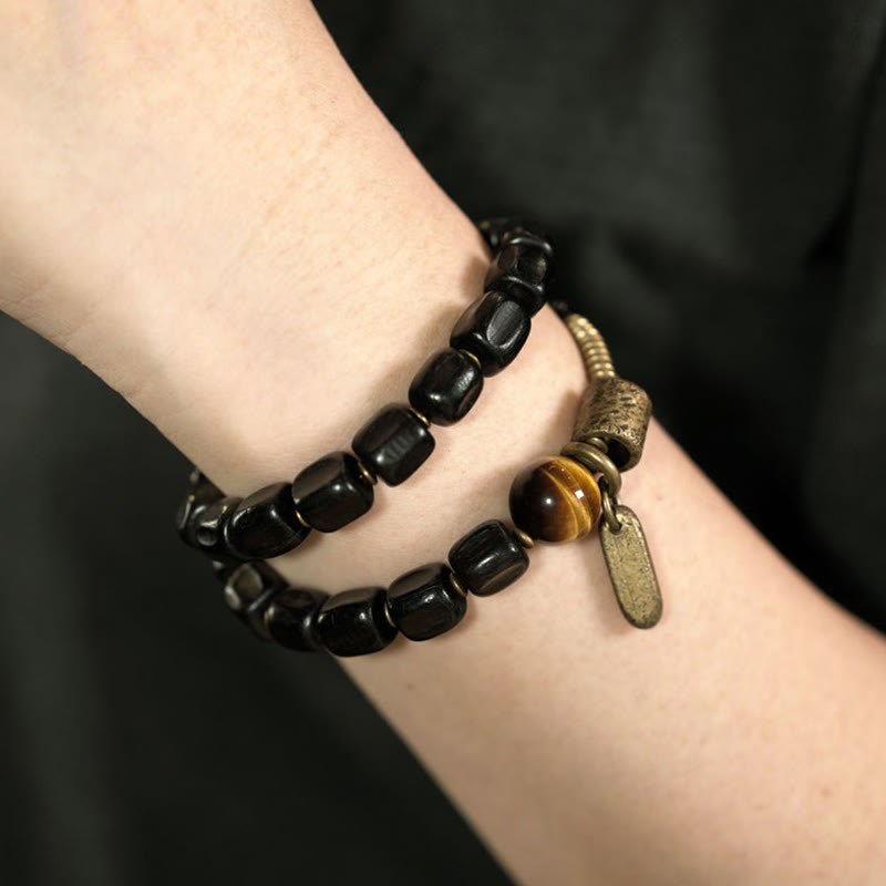 Braccialetto doppio giro Buddha Stones Ebano Legno Rame Ottone Occhio di Tigre Pace