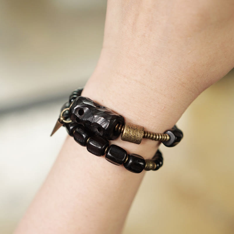 Braccialetto doppio giro Buddha Stones Ebano Legno Ossidiana Nera Rame Ottone Pace - image 19